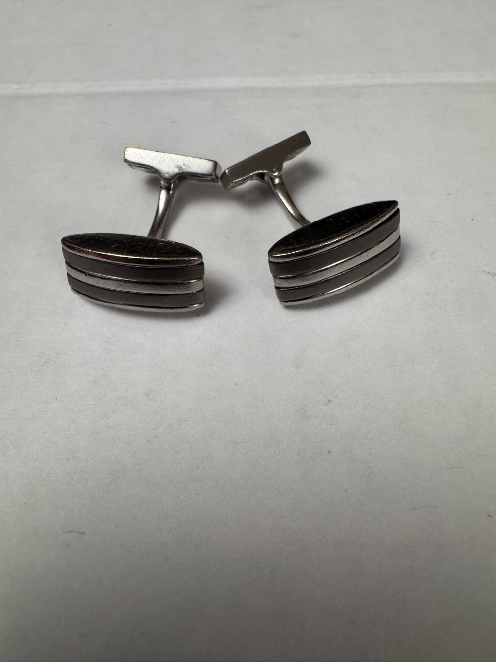 Hugo Boss Silver-Tone Striped Oval Cufflinks